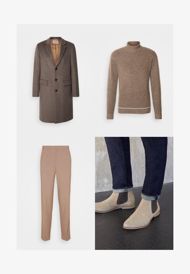 Brun ternet frakke med tre knapper, slagkrave og to forlommer. Foret med et mønstret lysebrunt stof.; INDICODE JEANS Striktrøje - otter; Beige skræddersyede bukser i en glat, struktureret stof. Straight fit med en linning og uden synlige pyntedetaljer eller lommer.; Lyse beige ruskind Chelsea-støvler med mørke elastiske sidepaneler, båret med mørke op rullede denimjeans på sort plettet gulv.