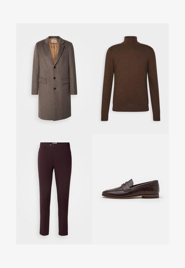 Braun karierter Übermantel mit drei Knöpfen, Reverskragen und zwei vorderen Taschen. Gefüttert mit einem gemusterten hellbraunen Stoff.; Brauner Rollkragenpullover aus weichem Material, mit langen Ärmeln, tailliertem Design und gerippten Akzenten am Kragen und Saum.; Dunkelburgunderfarbene Hose im Slim-Fit-Schnitt, mit einem Knopfverschluss, Gürtelschlaufen und vorderen Bügelfalten. Glattes Material mit einem eleganten Design.; Brauner Lederloafer mit einem geflochtenen Akzent über dem oberen Teil, glatte Oberfläche, leicht spitz zulaufende Schuhspitze und einem niedrigen, gestapelten Absatz.