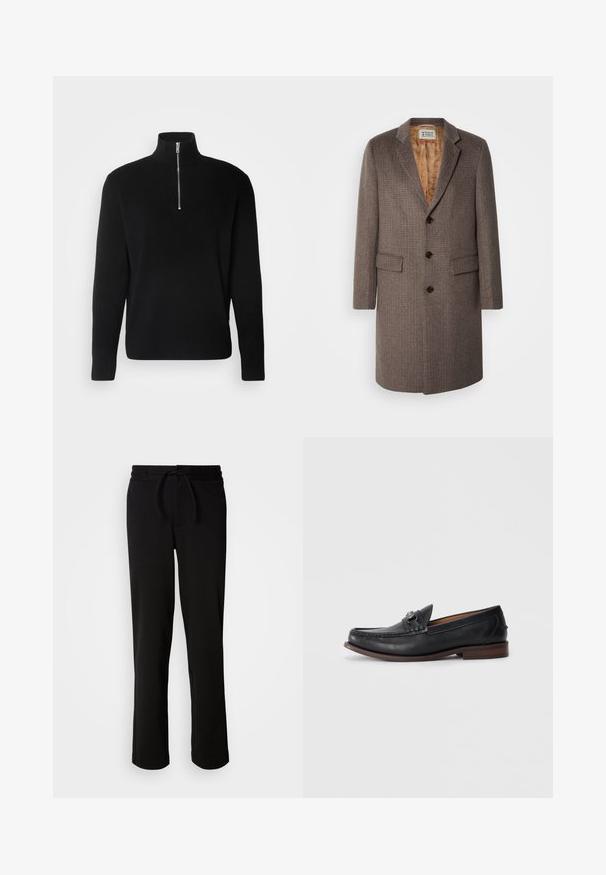 Braun karierter Übermantel mit drei Knöpfen, Reverskragen und zwei vorderen Taschen. Gefüttert mit einem gemusterten hellbraunen Stoff.; Lindbergh HALF ZIP RIB KNIT - Strickpullover - black; Schwarze Jogginghosen mit einem Kordelzugbund, hergestellt aus weichem, elastischem Material. Sie haben einen lockeren Schnitt mit geraden Beinen und keine sichtbaren Taschen.; Schwarze Leder Slipper mit abgerundeter Zehenpartie, dekorativen Metallakzenten an der Vorderseite und einer kontrastierenden braunen Sohle. Glatte Oberfläche und praktische Schlupf-Design.