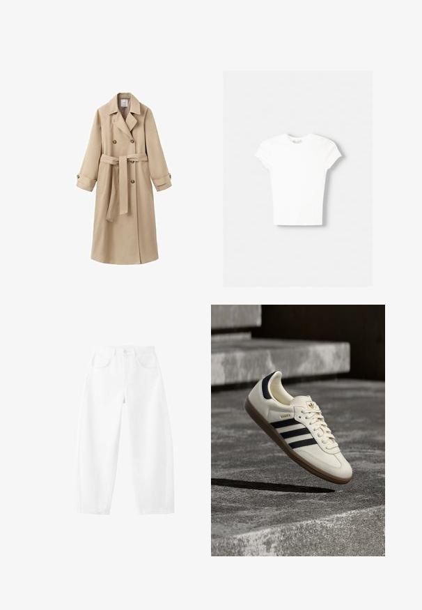 Trench-coat long beige avec larges revers, boutons croisés, ceinture à la taille, brides aux poignets et poches avant.; T-shirt blanc à manches courtes en coton doux, avec un col rond et une coupe ajustée. Pas de motifs ni d'ornements visibles.; Jean blanc taille haute, coupe droite, avec poches avant, passants pour ceinture, fermeture par bouton et détails de coutures visibles.; Baskets blanches Adidas Samba avec des bandes noires et une semelle en gomme, flottant au-dessus de marches en béton gris texturé.
