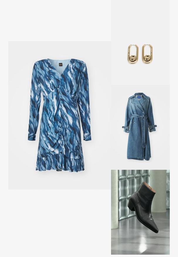 Trench-coat en denim bleu moyen, avec un design à double boutonnière, une ceinture à la taille et des accents à boucle réglables sur les poignets.; Robe bleue avec un motif en vagues, manches longues, décolleté en V et détails froncés. Dispose d'un ourlet évasé avec une bordure froncée. Confectionnée dans un tissu doux.; Bottine en cuir noir avec un bout pointu et un talon carré lévitant au-dessus d'un sol gris réfléchissant près d'un mur en blocs de verre.; BOSS DOUBLE B SWING - Boucles d'oreilles - gold-coloured