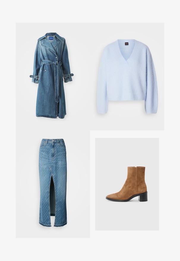 Gabardina de mezclilla en azul medio, con un diseño de doble botonadura, cinturón en la cintura y detalles de hebilla ajustable en los puños.; Suéter de punto azul claro, recortado, con escote en V y mangas largas, que presenta una textura suave y un detalle de costura minimalista.; Falda midi de mezclilla azul con una abertura frontal, textura desgastada y patrón de escritura blanca. Cuenta con una cinturilla clásica y un dobladillo deshilachado.; Botín tobillo de ante marrón con puntera afilada, tacón medio y sutil detalle de logotipo en relieve. Cierre de cremallera en el lateral.