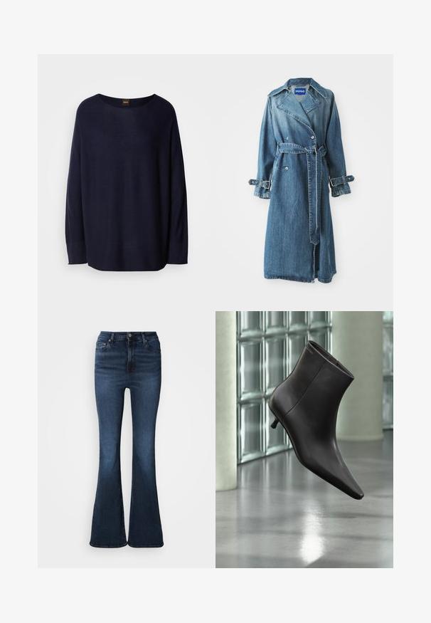 Denim trenchcoat i medium blå, med en dobbeltbreasted design, bælte ved taljen og justerbare spænde detaljer på ærmerne.; Mørkeblå sweater lavet af blødt materiale, med rund halsudskæring, lange ærmer og en afslappet pasform. Ingen mønstre eller hardware detaljer synlige.; Mørkeblå denim flare jeans med høj talje, frontknap og lynlås og klassisk design med fem lommer.; Sort læderankelstøvle med spids tå og lille hæl vist mod en væg af glasblokke og poleret gulv baggrund.