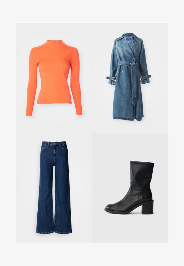Denim trenchcoat i medium blå, med en dobbeltbreasted design, bælte ved taljen og justerbare spænde detaljer på ærmerne.; Ribbet turtleneck sweater i lys orange, med lange ærmer og en tætsiddende silhuet samt et V-design element på forsiden.; Vidbenede mørkeblå jeans lavet af denim, med høj talje, klassisk fem-lomme-design og subtile syningsdetaljer langs sømmene.; Sort læder ankelstøvle med rund tå, glat tekstur og en grov hæl, der har et tætsiddende skaft og subtil syning.