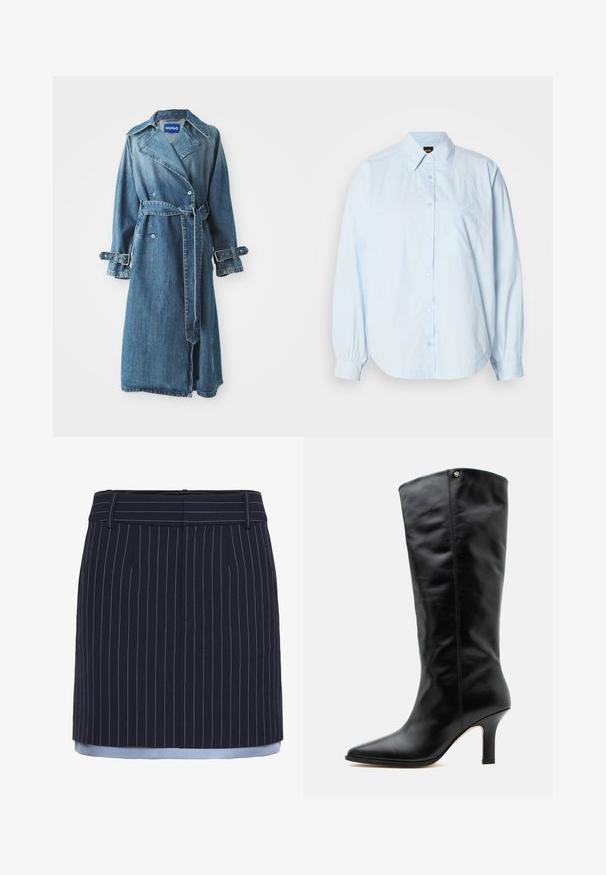 Trench-coat en denim bleu moyen, avec un design à double boutonnière, une ceinture à la taille et des accents à boucle réglables sur les poignets.; Chemise à manches longues bleu clair en coton. Caractéristiques : un col, un ourlet arrondi et une petite poche poitrine avec un logo brodé.; Jupe bleu marine à rayures, avec une coupe droite, mettant en valeur des accents bleu clair au niveau de l'ourlet, fabriquée dans un tissu texturé et dotée d'une ceinture large.; Botte en cuir noire mi-mollet avec bout pointu et talon moyen fin, avec un petit logo métallique près du bord supérieur.