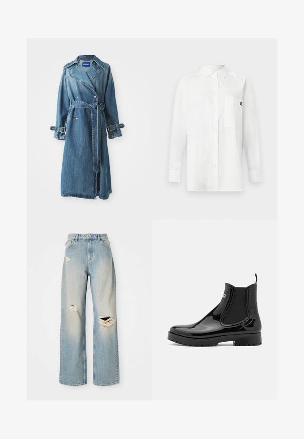 Denim trenchcoat in medium blauw, met een double-breasted ontwerp, een riem in de taille en verstelbare gesps details op de manchetten.; Witte langemouwenshirt gemaakt van een katoenmix, met een button-down kraag, een borstzak en een klein zwart logo op de borst.; Lichtblauwe rechte spijkerbroek met hoge taille, riemlussen en versleten scheuren op de linker bovenbeen, rechterknie en onder linkerpijp.; HUGO TABITA - Regenlaarzen - black