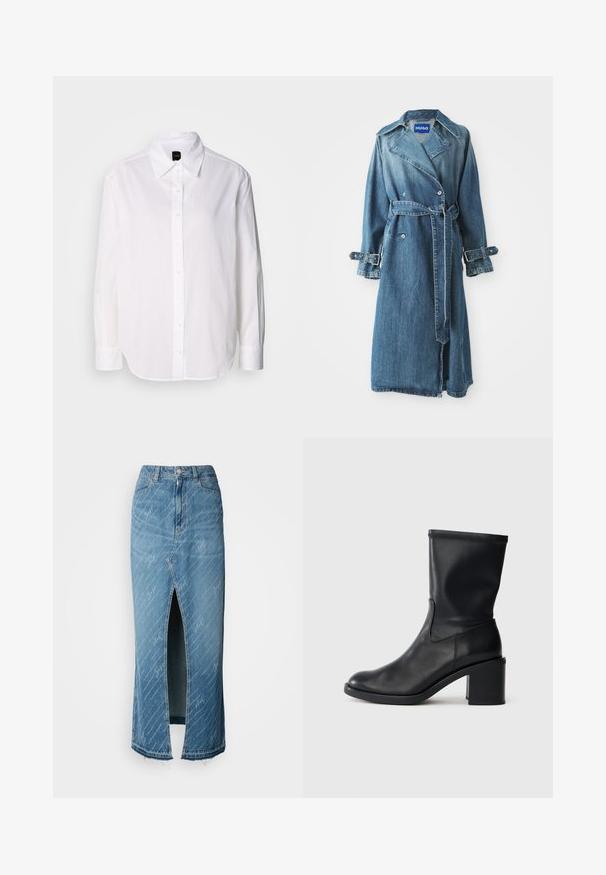 Denim trenchcoat in medium blauw, met een double-breasted ontwerp, een riem in de taille en verstelbare gesps details op de manchetten.; Witte langemouwen overhemd met knopen, gemaakt van lichtgewicht stof. Kenmerkt zich door een klassieke kraag, knopen aan de voorkant en manchet-mouwen.; Blauwe denim midi-jurk met een voorknoop, vervaagde textuur en wit scriptpatroon. Beschikt over een klassieke tailleband en een rafelige zoom.; Zwarte leren enkellaars met een ronde neus, een gladde textuur en een chunky hak, met een strak schacht en subtiele stiksels.