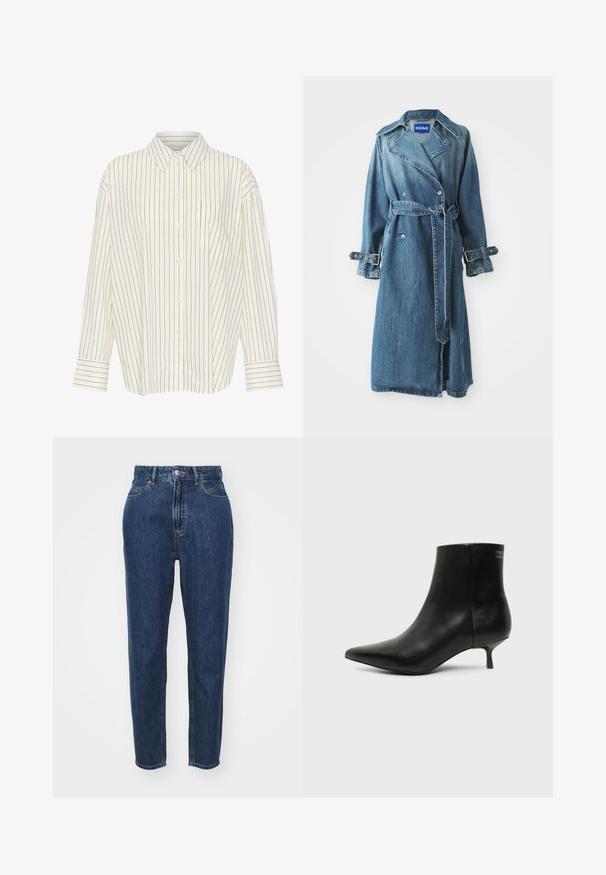 Denim trenchcoat in medium blauw, met een double-breasted ontwerp, een riem in de taille en verstelbare gesps details op de manchetten.; Witte overhemd met smalle zwarte verticale strepen, kraag, lange mouwen, borstzak en recht gesneden met cuffed details.; Denim jeans met een hoge taille, rechte pijpen, donkerblauwe kleur, klassiek vijf-pocket ontwerp en een metalen knoopsluiting.; Zwart leren enkellaars met puntige neus en lage kittenhak op lichte achtergrond, zijaanzicht buitenkant.