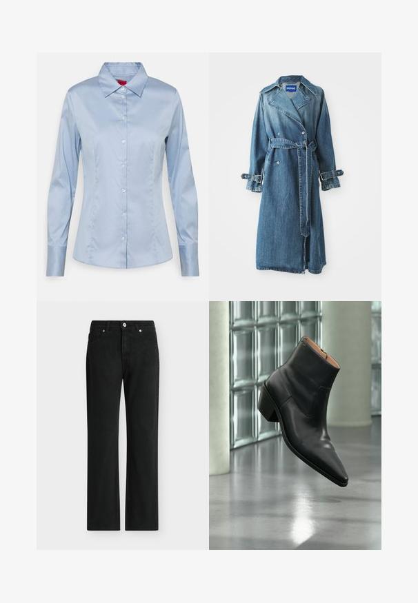 Denim trenchcoat in medium blauw, met een double-breasted ontwerp, een riem in de taille en verstelbare gesps details op de manchetten.; Lichtblauw button-up shirt van gladde stof, met een klassieke kraag, lange mouwen en een rechte pasvorm met subtiele stikseldetails.; Zwarte rechte jeans met knoop- en ritssluiting aan de voorkant, ontwerp met vijf zakken en riemlussen.; Zwarte leren enkellaars met een spitse neus en blokhak die zweeft boven een reflecterende grijze vloer nabij een glazen blokmuur.
