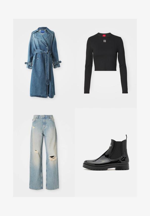 Denim trenchcoat in medium blauw, met een double-breasted ontwerp, een riem in de taille en verstelbare gesps details op de manchetten.; Zwart langemouwen cropped top van gladde stof, met een ronde hals en het witte "HUGO" logo op de borst.; Lichtblauwe rechte spijkerbroek met hoge taille, riemlussen en versleten scheuren op de linker bovenbeen, rechterknie en onder linkerpijp.; HUGO TABITA - Regenlaarzen - black