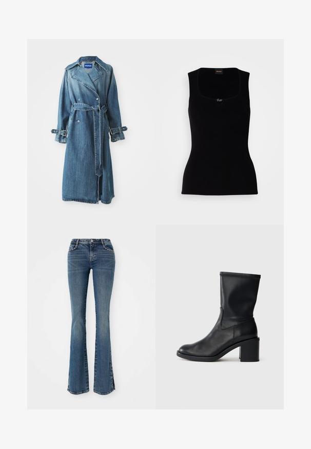 Trench-coat en denim bleu moyen, avec un design à double boutonnière, une ceinture à la taille et des accents à boucle réglables sur les poignets.; Débardeur noir côtelé avec un décolleté carré, arborant un petit logo en accent au centre. Confectionné dans un matériau doux et texturé.; Jean flare bleu foncé à taille ajustée et coutures détaillées, comportant des accents en clous le long des coutures latérales et une texture en denim classique.; Botte en cuir noir à cheville avec un bout rond, texture lisse et un talon épais, présentant un tige ajustée et un subtil détail de couture.