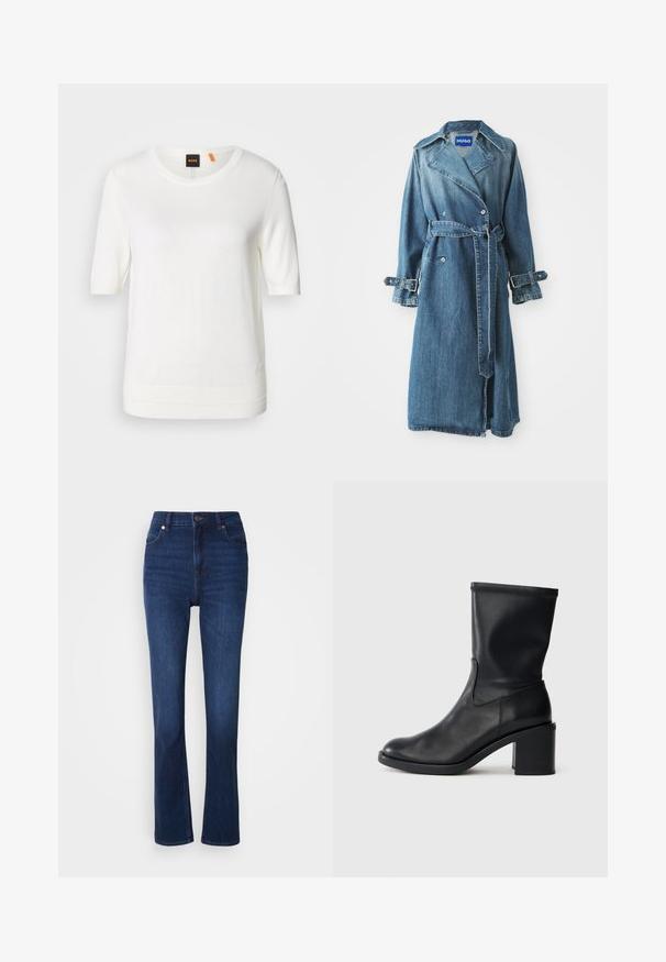 Denim trenchcoat i medium blå, med en dobbeltbreasted design, bælte ved taljen og justerbare spænde detaljer på ærmerne.; Hvid kortærmet strik-top med rund halsudskæring, ribkant og blød tekstur. Logomærke med orange detalje ved kraven.; Jeans i mørkeblå denim med høj talje. Har klassisk fem-lommestil og let flared design forneden.; Sort læder ankelstøvle med rund tå, glat tekstur og en grov hæl, der har et tætsiddende skaft og subtil syning.