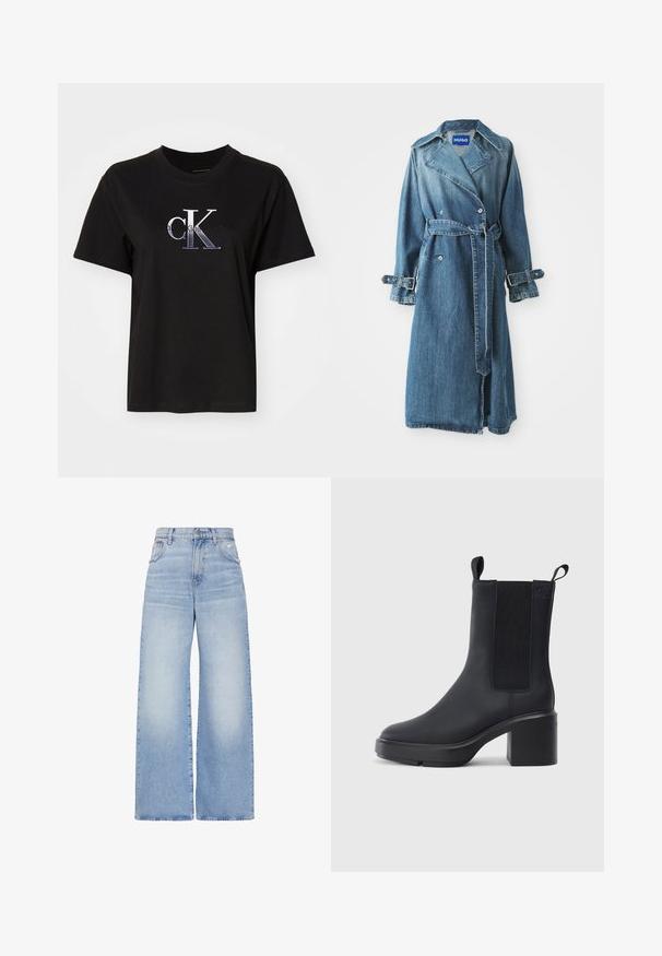 Denim trenchcoat i medium blå, med en dobbeltbreasted design, bælte ved taljen og justerbare spænde detaljer på ærmerne.; Sort bomulds T-shirt med rund hals. Har et sølv broderet "cK" logo og teksten "Calvin Klein Jeans" under logoet. Korte ærmer.; Lyseblå højtaljede jeans med vidde i benene, lukkes foran med knapper og lynlås, for- og baglommer samt en let slidt detalje på højre lomme.; Sorte ankelstøvler i glat gummimateriale, med elastiske sidepaneler, blokhæle og trækskilt øverst for nem påtagning.