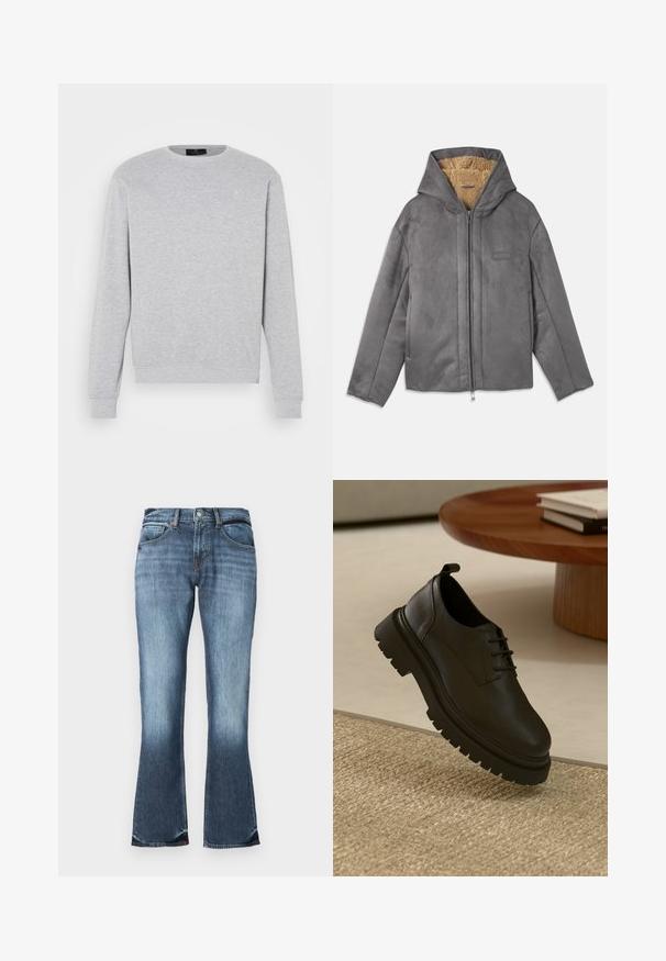 Veste grise à fermeture éclair avec capuche, fabriquée en matière douce semblable au daim, doublée de polaire beige pour la chaleur et le confort. Dispose de poches latérales.; Sweat à capuche gris clair avec des manches longues, col ras du cou, poignets et ourlet en bord-côte. Il arbore un logo subtil sur la zone supérieure gauche de la poitrine.; Jeans en denim bleu évasés avec une taille mi-haute, un design à cinq poches et un léger dégradé pour un look usé. Texture lisse sur l'ensemble.; Chaussure en cuir noir avec une surface texturée, bout rond, design à lacets et semelle en caoutchouc noir épaisse. Flottant au-dessus d'un tapis tissé.