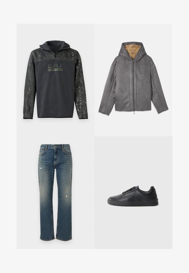 Chaqueta gris con cremallera y capucha, hecha de un material suave similar al ante, forrada con forro polar color beige para proporcionar calidez y comodidad. Cuenta con bolsillos laterales.; Sudadera negra con capucha y media cremallera, que cuenta con un patrón gráfico texturizado en las mangas y una impresión de logo en verde oscuro en el pecho.; Vaqueros de mezclilla en azul medio con corte recto, que presentan un ligero desgaste y parches desgastados. Diseño clásico de cinco bolsillos y cierre con botón superior.; Zapatilla negra de cuero con un acabado suave, punta redondeada, panel lateral texturizado y cordones negros. Presenta una suela de goma plana y un diseño minimalista.