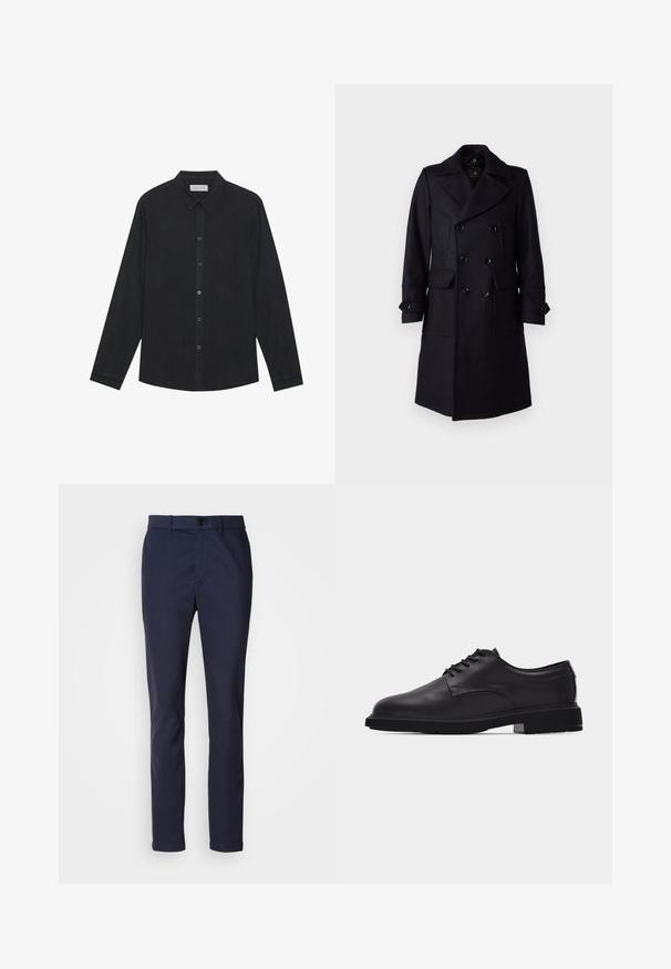 Belstaff MILFORD COAT - Manteau classique - ink blue; Chemise noire à manches longues en tissu doux, avec un devant à boutons, un col et un ourlet droit avec une texture subtile.; Pantalons en coton bleu marine avec une coupe droite, fermeture à un bouton et passants de ceinture. Caractérisés par une texture lisse et des détails minimalistes.; Chaussure habillée à lacets pour homme en cuir noir à finition lisse avec semelle épaisse en caoutchouc, vue de profil sur fond blanc.