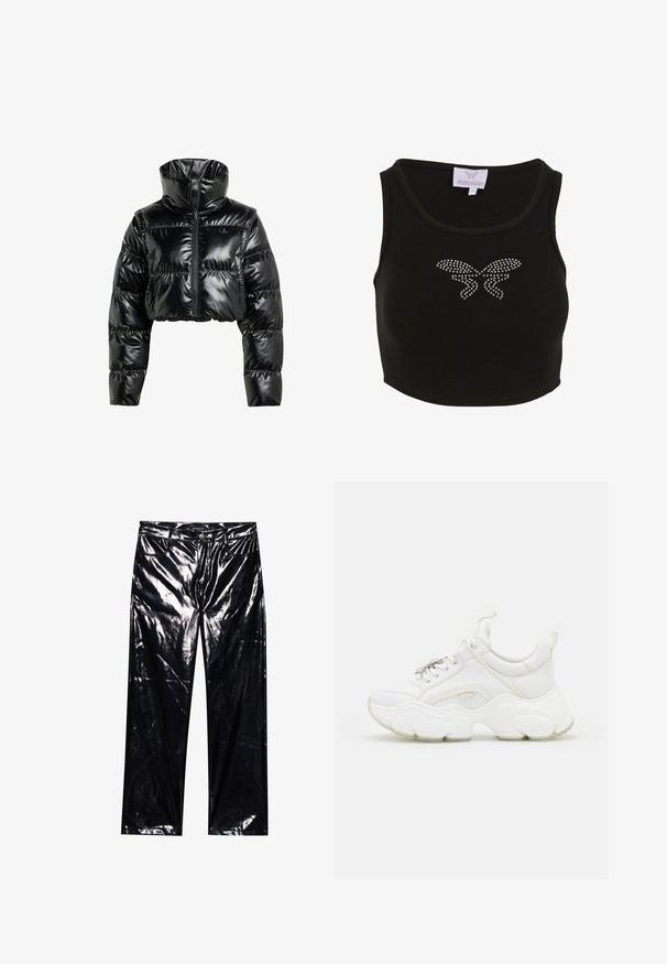 Zwarte cropped pufferjack gemaakt van glanzend, glad materiaal. Heeft een hoge kraag en een rits aan de voorkant, met ribgebreide manchetten en een gewatteerd ontwerp.; Zwarte geribbelde crop top met een aansluitend ontwerp, voorzien van een vlindermotief van rhinestones aan de voorkant. Inclusief een label met de merknaam.; Zwarte, glanzende, neplederen broeken met wijde pijpen, klassiek vijf-pocket ontwerp, knoop- en ritssluiting en glanzende textuur.; Witte chunky sneakers van leer en mesh-materialen, met een dikke zool, ronde neus en decoratieve veters. Licht gemêleerde accenten.