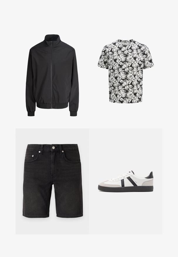 Veste légère noire à fermeture éclair avec col montant, poignets élastiques et ceinture élastique, présentée sur un fond blanc uni.; T-shirt à manches courtes en tissu doux avec un fond noir et un motif de feuilles blanches. Encolure ronde, coupe décontractée.; Shorts en denim noir avec un design classique à cinq poches, bouton en métal et détails de couture subtils. Texture lisse, coupe à la longueur du genou.; Baskets blanches avec des accents noirs et gris, présentant un embout texturé gris, une semelle en caoutchouc noir et des lacets plats blancs. Design épuré, style minimaliste.