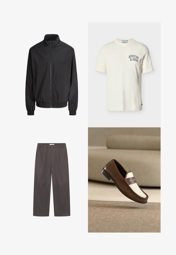 Schwarze, leichte Jacke mit Reißverschluss, Stehkragen, elastischen Bündchen und Bund, vor weißem Hintergrund dargestellt.; Off-white kurzärmeliges Baumwoll-T-Shirt mit Rundhalsausschnitt und kleinem blauen "Scotch & Soda"-Schriftzug auf der linken Brust.; Graue, weite Hosen aus glattem Stoff, mit einem Knopfverschluss und zwei seitlichen Taschen. Einfaches, klares Design ohne sichtbare Muster.; Brauner und weißer Ledermokassin, der über einem beigen Teppich schwebt, mit einem verschwommenen beigen Sofa im Hintergrund.