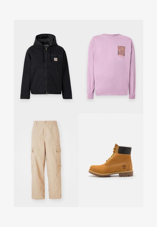 Chaqueta negra con capucha hecha de mezclilla, que cuenta con una cremallera frontal, grandes bolsillos delanteros y un pequeño parche con logo en el pecho izquierdo. Forro acolchado.; Camisa de manga larga color lavanda con un pequeño gráfico y texto en el lado izquierdo del pecho que presenta un diseño circular intrincado.; Pantalones cargo beige con un corte relajado, hechos de una tela ligera, que cuentan con dos bolsillos laterales de carga y un cierre de botón en la cintura.; Botín de cuero marrón con ojales de metal, forro de piel sintética blanca, cuello acolchado negro, suela resistente y logotipo en relieve en el costado.