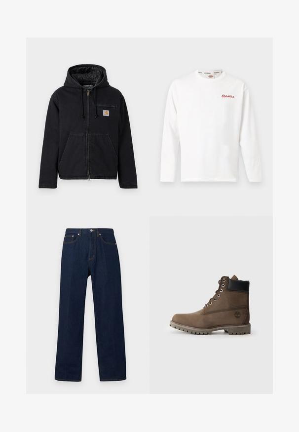 Sort hættejakke lavet af denim med lynlås foran, store forlommer og et lille logopatch på venstre bryst. Quiltet for.; Hvid langærmet crewneck-trøje med lille rødt "Dickies"-logo på venstre bryst og mærket kantebånd på kraven.; Mørkeblå denimjeans med lige ben, forrest knap- og lynlåslukning samt fem lommer på en ensfarvet baggrund.; Brune læder ankelstøvle med sort krave, metaløjer og slidstærk grå sål. Har logo på siden og syet detaljer.