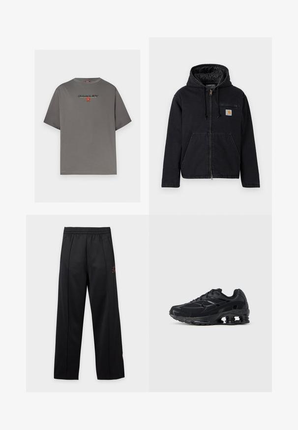 Veste noire à capuche en denim, dotée d'une fermeture éclair frontale, de grandes poches avant et d'un petit patch logo sur le côté gauche de la poitrine. Doublure matelassée.; T-shirt gris à manches courtes avec le logo "OAKLEY" et un petit graphisme rouge centré sur la poitrine, présenté sur un fond blanc uni.; Pantalon noir à jambes larges avec taille élastique et poches latérales, présentant des coutures verticales subtiles et un détail de texte minimal sur la cuisse droite.; Chaussure de sport noire avec une tige en mesh, un col rembourré et une technologie d'amorti proéminente au talon. Caractérisée par des accents texturés et des lacets.