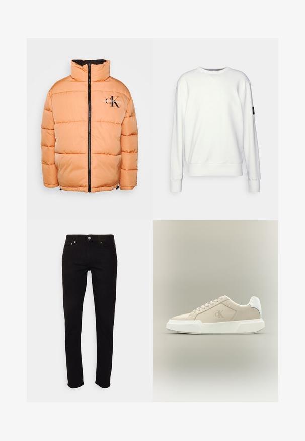 Chaqueta acolchada Calvin Klein en naranja claro, con un alto cuello y cremallera negra. Diseño acolchado con costuras visibles y detalle de logo.; Sudadera blanca con cuello redondo, puños y dobladillo acanalados, con un pequeño logo negro en la manga izquierda. Textura suave, diseño casual.; Vaqueros negros de corte ajustado con cierre de botón y cremallera, bolsillos delanteros y traseros, mostrados sobre fondo blanco.; Zapatilla beige de corte bajo con suela blanca gruesa, cordones, lengüeta blanca en el talón y logo sutil de CK en el panel lateral.