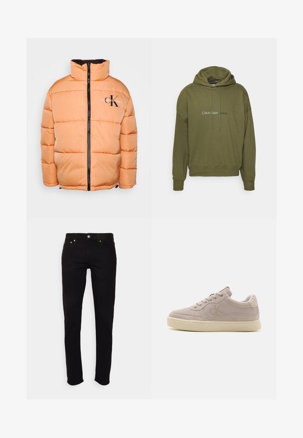 Chaqueta acolchada Calvin Klein en naranja claro, con un alto cuello y cremallera negra. Diseño acolchado con costuras visibles y detalle de logo.; Sudadera con capucha color verde oliva fabricada en tela suave, con un bolsillo tipo canguro en la parte frontal, puños acanalados y el logo blanco "Calvin Klein Jeans".; Vaqueros negros de corte ajustado con cierre de botón y cremallera, bolsillos delanteros y traseros, mostrados sobre fondo blanco.; Calvin Klein Jeans CLASSIC CUPSOLE ICONIC - Zapatillas - eggshell creamy white
