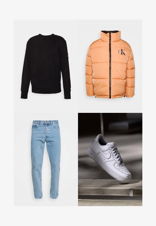 Chaqueta acolchada Calvin Klein en naranja claro, con un alto cuello y cremallera negra. Diseño acolchado con costuras visibles y detalle de logo.; Sudadera negra de manga larga con cuello redondo, puños y bajo acanalados, pequeño detalle cosido en el escote y una parche en la manga izquierda.; Jeans de denim en azul claro con un diseño clásico de cinco bolsillos, cierre de cremallera y piernas ligeramente ajustadas, que presentan un ligero desgaste y detalles en costura.; Zapatilla Nike Air Force 1 de cuero blanco que presenta una puntera perforada, cordones planos y una suela de goma texturizada con la marca "AIR" en el lateral.