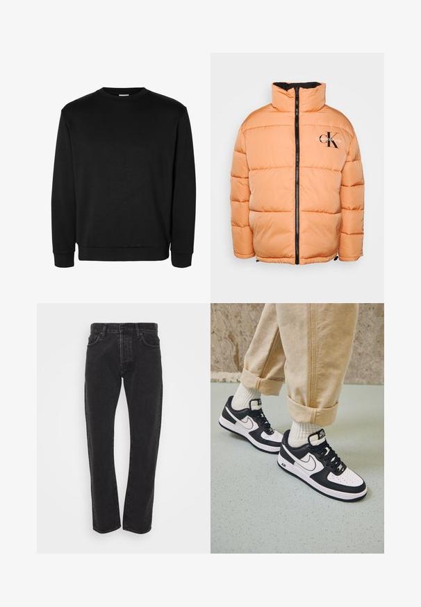 Chaqueta acolchada Calvin Klein en naranja claro, con un alto cuello y cremallera negra. Diseño acolchado con costuras visibles y detalle de logo.; Sudadera negra de manga larga con cuello redondo, puños y bajo acanalados, diseño sencillo y sin logotipos ni estampados visibles.; Jeans de hombre rectos de mezclilla negros con botón frontal y cremallera, cinco bolsillos y cinturas en un fondo blanco liso.; Zapatillas Nike Air Force 1 en blanco y negro con parte superior de cuero, puntera perforada y detalle de suela texturizada, combinadas con pantalones beiges remangados y calcetines blancos.