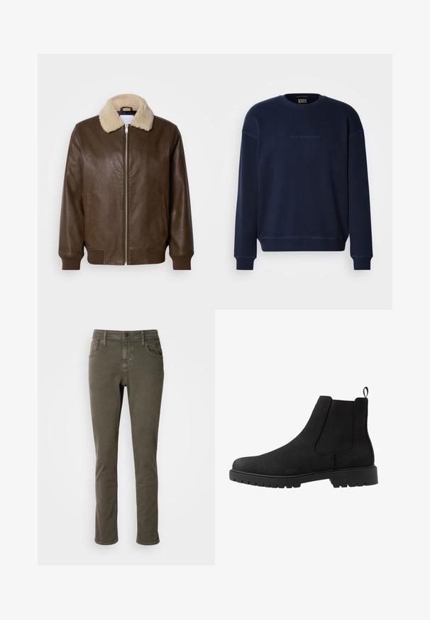 Bruine leren jas met een crèmekleurige schapenvachtkraag, ritsluiting, geribde manchetten en twee zijzakken. Gladde textuur met minimale details.; Marineblauwe sweatshirt met een ronde hals, ribgebreide mouwen en onderrand. Voorzien van subtiele logotekst aan de voorkant en een zachte, gestructureerde stof.; Antony Morato KURT COMFORT - Jeans Tapered Fit - dark olive; Pier One by Zalando UNISEX - Lage laarzen - black