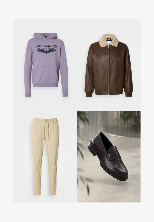 Bruine leren jas met een crèmekleurige schapenvachtkraag, ritsluiting, geribde manchetten en twee zijzakken. Gladde textuur met minimale details.; Paarse hoodie van zacht materiaal met een voorzak, geribde manchetten en een grafische print met de tekst "PME LEGEND AMERICAN CLASSIC."; Beige, slim-fit broeken gemaakt van een katoenmix. Elastische tailleband met een koord, twee voorplooien en rechte pijpen.; Bruine leren loafers met een getextureerde, geribbelde rubberen zool. Beschikt over een slank ontwerp en een decoratieve band over de wreef.