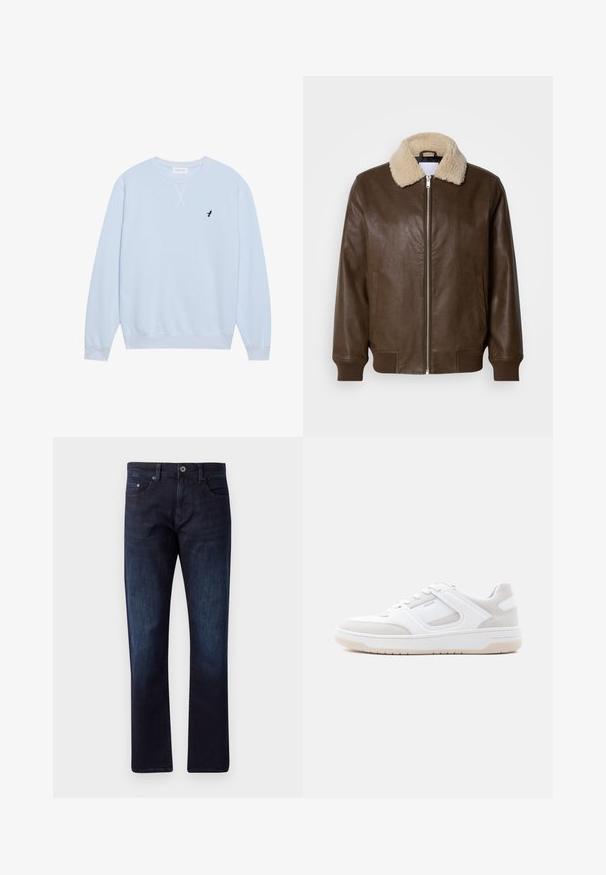 Bruine leren jas met een crèmekleurige schapenvachtkraag, ritsluiting, geribde manchetten en twee zijzakken. Gladde textuur met minimale details.; Lichtblauwe sweatshirt van katoen met een ronde hals, geribbelde manchetten en een geborduurd zwart vogellogo op de linkerborst.; Donkerblauwe spijkerbroek met een rechte pasvorm, voorzien van twee voorzakken, een muntzak en een knoopsluiting. Licht vervaagde structuur.; Lage witte en lichtbeige sneaker met vetersluiting, gevoerde kraag en rubberen zool op een effen lichte achtergrond.