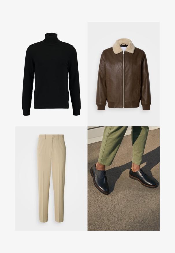 Veste en cuir marron avec un col en shearling crème, fermeture zippée, poignets à côtes et deux poches latérales. Texture lisse avec un minimum de détails.; Un pull à col roulé noir en matière tricotée douce. Il possède des manches longues, un col et un ourlet côtelés. Son design est simple et épuré, sans motifs.; Pantalon beige à jambes droites, confectionné dans un tissu lisse, avec un devant plat et sans poches ni ornements visibles.; Chaussures à lacets en cuir noir à bouts pointus avec surpiqûres marron, portées avec un pantalon vert sur une surface grise.