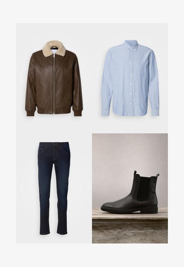 Veste en cuir marron avec un col en shearling crème, fermeture zippée, poignets à côtes et deux poches latérales. Texture lisse avec un minimum de détails.; Chemise à boutons en bleu clair avec des rayures blanches, dotée d'un col classique et de manches longues. Fabriquée en tissu tissé avec une texture lisse.; Jean en denim bleu foncé avec une coupe droite, dotés de poches avant, d'une fermeture éclair et de détails de couture subtils.; Bottine Chelsea noire en caoutchouc avec une finition lisse, panneaux latéraux élastiques et languettes, présentant un petit talon et une semelle robuste.
