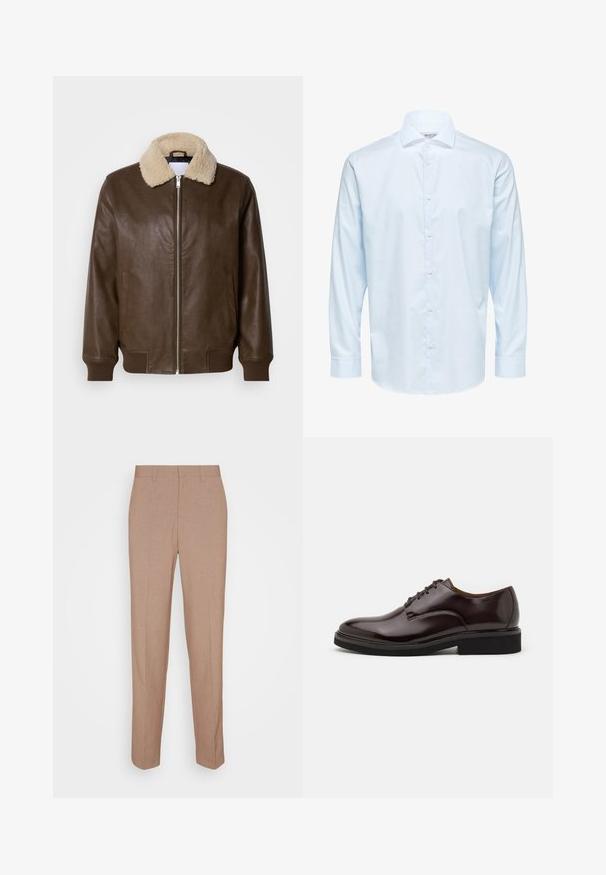 Veste en cuir marron avec un col en shearling crème, fermeture zippée, poignets à côtes et deux poches latérales. Texture lisse avec un minimum de détails.; Chemise habillée pour homme à manches longues bleu clair avec des boutons sur le devant et un col classique, présentée sur fond blanc.; Pantalon beige sur mesure en tissu lisse et texturé. Coupe droite avec une taille à la taille et sans ornements visibles ni poches.; Chaussure Oxford en cuir marron avec une finition brillante, bout rond, lacets, et une semelle en caoutchouc noir épaisse. Détail de couture sur le dessus.