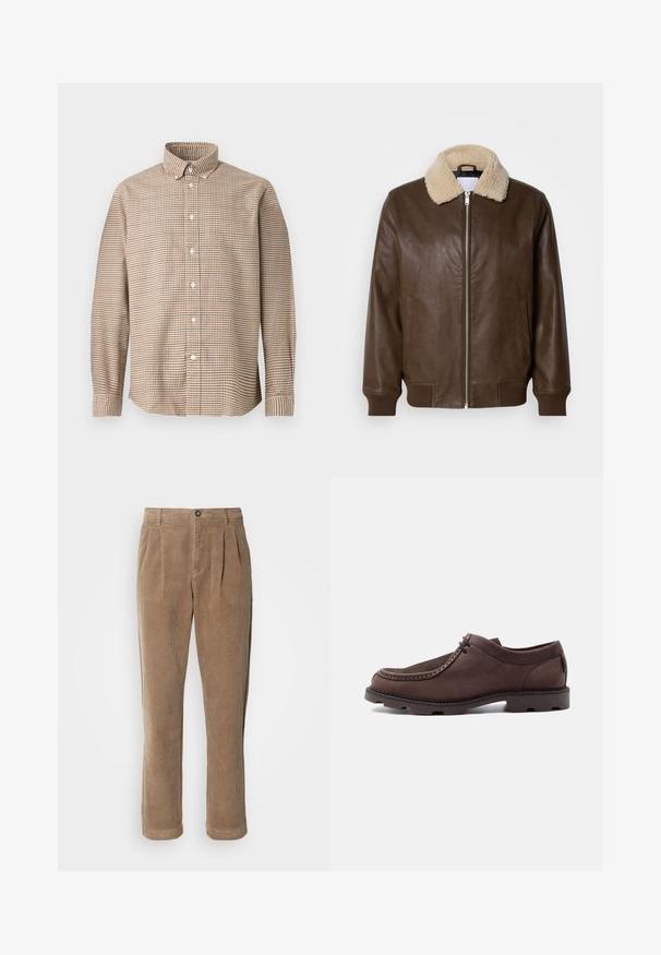 Veste en cuir marron avec un col en shearling crème, fermeture zippée, poignets à côtes et deux poches latérales. Texture lisse avec un minimum de détails.; Chemise à manches longues à carreaux beige et marron avec col boutonné, présentée sur un fond uni, vue de face.; Pantalons en velours côtelé marron à taille haute, avec des plis à l'avant, une fermeture à bouton et des jambes droites. Le tissu texturé est visible.; Chaussure en cuir marron à lacets avec semelle épaisse à crampons et couture mocassin sur un fond clair uni.