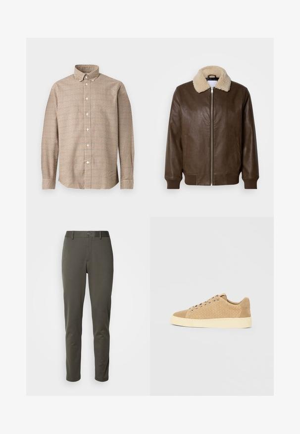 Brun læderjakke med en cremefarvet shearlingkrave, lynlåslukning, ribbede manchetter og to sidelommer. Glat tekstur med minimal detaljering.; Beige og brunternet langærmet skjorte med knap-trykkrave, vist på en ensfarvet baggrund, forfra.; Olivenfarvede bukser lavet af strækbart stof, med en knaplukket talje, slim fit og lige ben uden mønstre eller fremtrædende hardware.; Beige sneakers med vævet tekstur på overdelen, ruskindsdetaljer, rundet snude og en gullig gummisål.