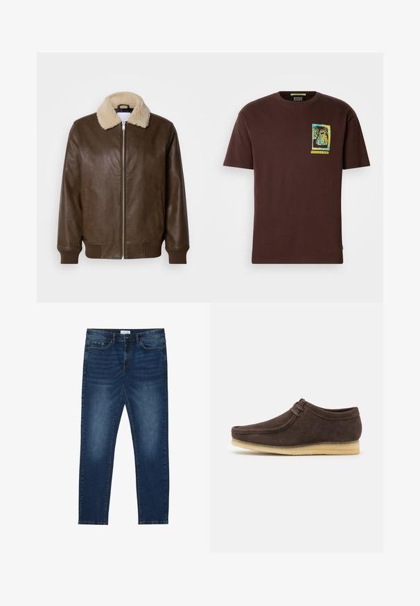 Pruun nahkjakk kreemja karusnaha kraega, lukuga sulgemine, soonilised varrukad ja kaks küljetaskut. Sile tekstuur minimaalse detailsusega.; Scotch & Soda RELAXED FIT FRONT BACK - Trükipildiga T-särk - demitasse; Tumedat sinised kitsad teksad, millel on pleekinud detailid, klassikaline viie taskuga disain, nuppe sulgemine ja vöörihmad.; Pruunest sametist kingad, millel on sile viimistlus, ümmargune nina ja minimalistlik disain. Omab heledast kummist talla ja kontrastset paelte detaili.