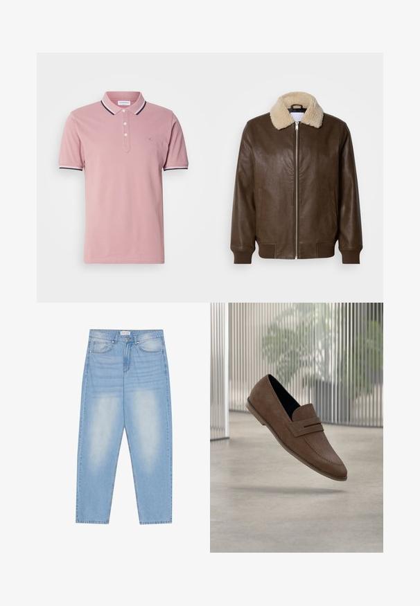 Bruine leren jas met een crèmekleurige schapenvachtkraag, ritsluiting, geribde manchetten en twee zijzakken. Gladde textuur met minimale details.; Roze poloshirt met een knoopsluiting met twee knopen, een geribbelde kraag met marineblauwe en witte strepen, en een subtiel logo geborduurd op de borst.; Lichtblauwe denim jeans met een relaxte pasvorm, uitgerust met vijf zakken, subtiele vervaging en stiksels langs de naden.; Bruine suède loafers met een gladde afwerking, gestikte details en een afgeronde neus. Verhoogde zool en instapmodel.
