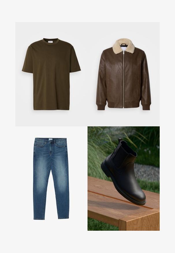 Bruine leren jas met een crèmekleurige schapenvachtkraag, ritsluiting, geribde manchetten en twee zijzakken. Gladde textuur met minimale details.; Effen olijfgroen T-shirt met korte mouwen en ronde hals, met een zichtbaar wit merketiket bij de hals, weergegeven op een witte achtergrond.; Middenblauwe denim jeans met een vervaagde was, vijfzakdesign, rechte pasvorm en gestikte accenten. Sluiting met knoop en rits.; Zwarte leren enkellaars met elastische zijpanelen, ronde neus en een getextureerd rubberen loopvlak, zwevend boven een houten tafel.