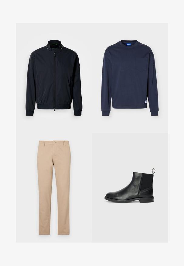 Veste aviateur marine, matériau léger, poignets et ourlet côtelés, col montant, deux poches latérales et fermeture éclair sur le devant. Design minimaliste.; Chemise à manches longues bleu marine avec col rond, poche poitrine, poignets côtelés et une petite étiquette de marque blanche près de l'ourlet.; Pantalon beige en coton avec une coupe droite, doté d'une fermeture à bouton à l'avant, de poches latérales et de détails texturés subtils.; Bottines en cuir noir avec des panneaux élastiques sur les côtés, bout rond, petit talon carré et une sangle à l'arrière pour un enfilage facile.