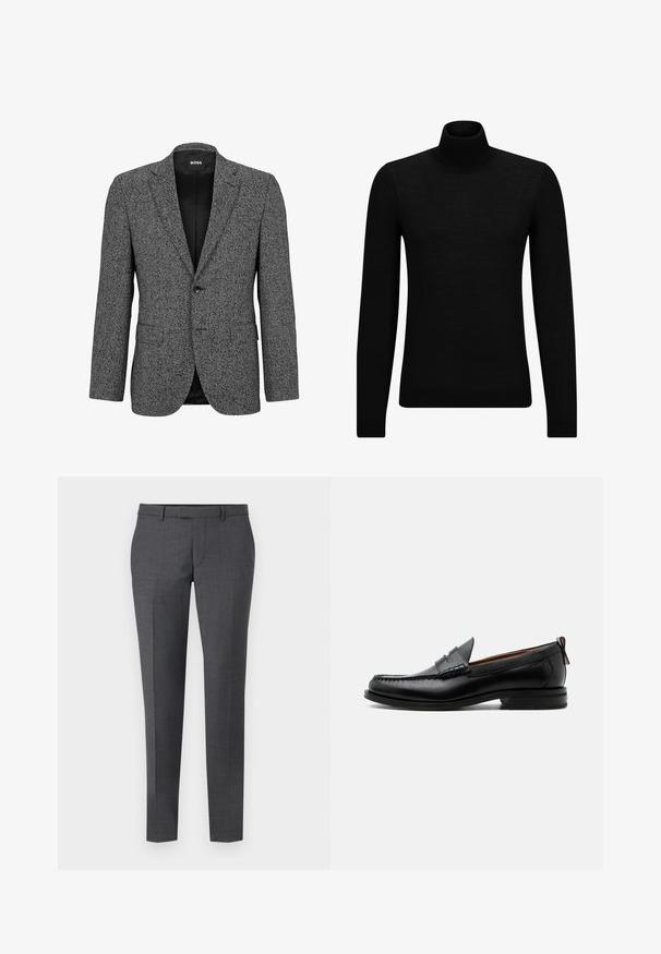 BOSS H-JANSON - Blazere - black one; Sort turtleneck sweater lavet af blødt materiale, med lange ærmer og en tætsiddende pasform. Ribbet trim ved kanten og manchetter. Simpelt design.; Grå skræddersyede bukser med en glat tekstur, lige pasform, flad front og bæltesløjfer. Har et subtilt ternet mønster og en kant ned foran.; Sort læder herre loafer med moc-tå syning, penny strop, struktureret krave og lav stablet hæl på hvid baggrund.
