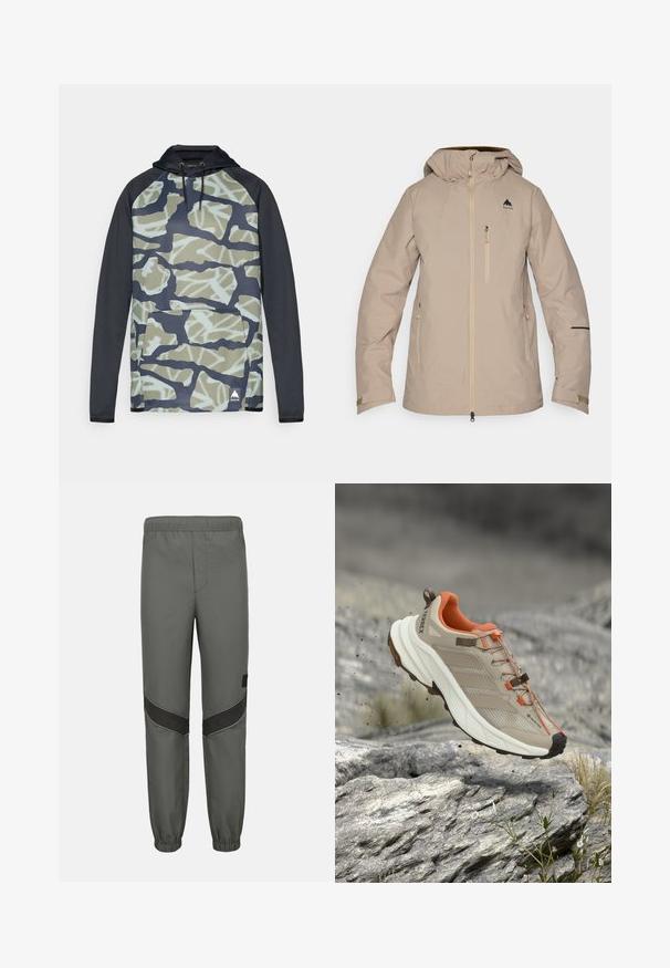 Veste imperméable beige avec capuche, fermeture éclair avant, poches latérales et un logo noir sur la poitrine gauche. Texture lisse et design épuré.; Sweatshirt à capuche avec un motif camouflage dans des tons de vert et de bleu, avec des manches noires et une poche avant. Fabriqué en tissu doux.; Pantalon de survêtement gris à taille élastique avec panneaux genoux en chevron noir et poignets élastiques, conçu pour un usage décontracté ou sportif.; Chaussure de randonnée beige et orange avec semelle épaisse, étiquette GORE-TEX et marque "TERREX", montrée au-dessus d'un terrain rocheux.