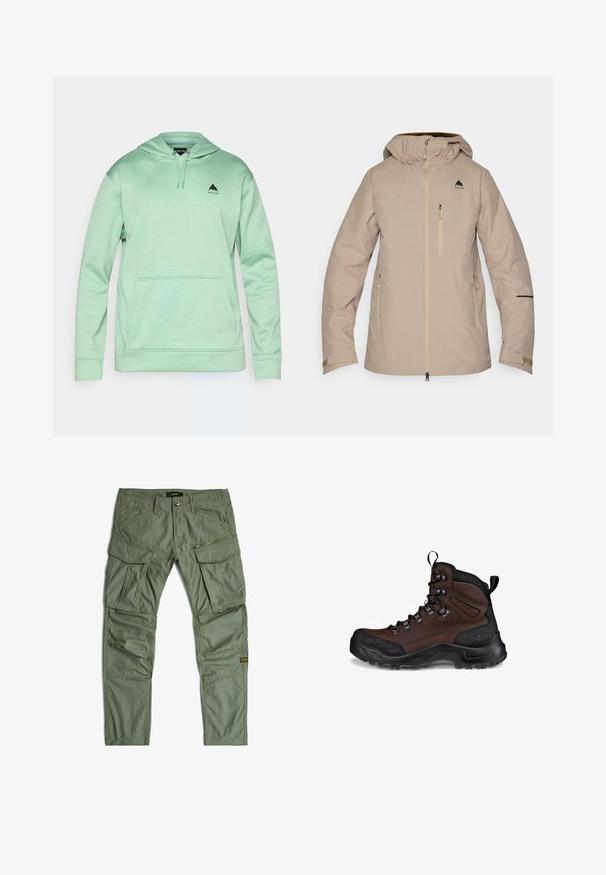 Veste imperméable beige avec capuche, fermeture éclair avant, poches latérales et un logo noir sur la poitrine gauche. Texture lisse et design épuré.; Burton MENS OAK - Sweat à capuche - soft sage heather; Pantalon cargo vert avec plusieurs poches, y compris des poches zippées et à rabat, passants de ceinture et panneaux cousus aux genoux, posé à plat sur un fond blanc.; Botte de randonnée marron avec un dessus en cuir texturé, un capuchon en caoutchouc noir, des œillets renforcés et une semelle robuste pour l'adhérence.