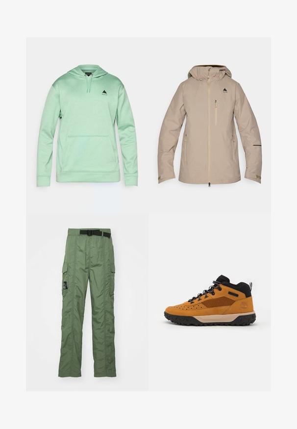 Veste imperméable beige avec capuche, fermeture éclair avant, poches latérales et un logo noir sur la poitrine gauche. Texture lisse et design épuré.; Burton MENS OAK - Sweat à capuche - soft sage heather; Pantalons cargo en vert olive, fabriqués en tissu léger. Présentent une ceinture noire, des poches cargo sur les côtés et des détails de couture.; Chaussure de randonnée en cuir marron avec des accents en mesh noir, semelle en caoutchouc texturée et embout renforcé pour la durabilité. Comprend des œillets métalliques et un logo.