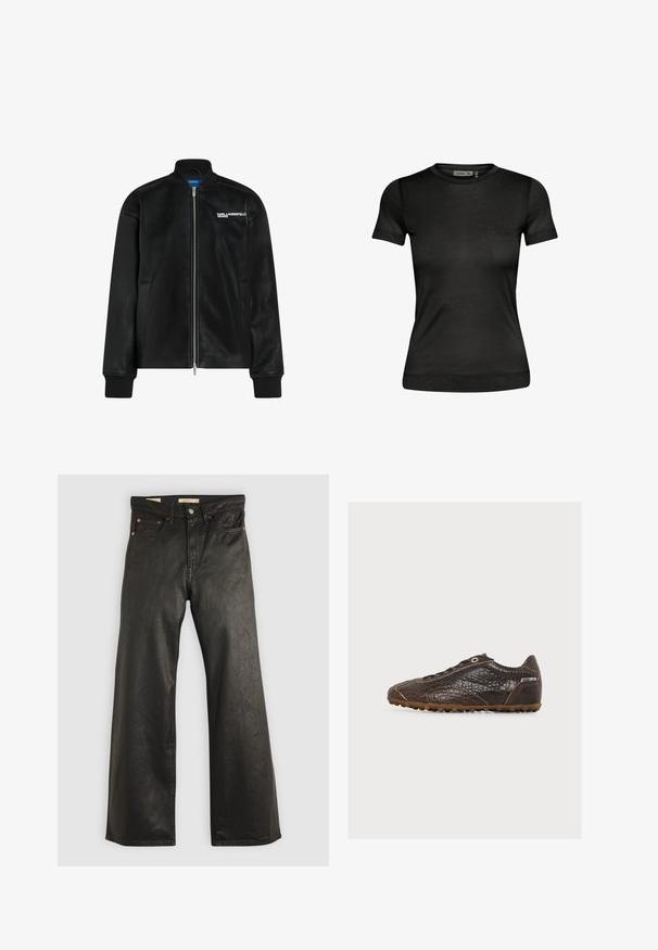 Must must jacket esise lukuhtmine, ribatud krae ja mansetid, küljetaskud ning valge "KARL LAGERFELD JEANS" logo rinnal.; Must have lühikeste varrukatega must T-särk, mis on valmistatud kerge kangaga, varustatud ümarate kaelustega ja sobiva siluetiga, millel on sile tekstuur.; Mustad denim laiade jalatsid, millel on sile tekstuur, viie taskuga ja pronksist detailid. Klassikaline nööp-kinnitus.; Madala profiiliga tumepruunast nahast tossu tekstuurse pinnaga, pruun kummist tallaga, mustade paeltega ja väikese valge sildiga kontsapoolel.