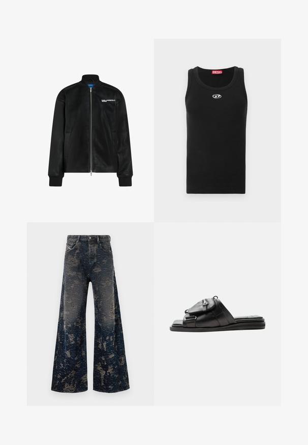 Sort bomberjakke med frontlynlås, ribbet krave og manchetter, sidelommer og hvid "KARL LAGERFELD JEANS" logo på brystet.; Sort tanktop lavet af bomuldsstof med rund halsudskæring, ærmeløs design og lille hvidt logo på brystområdet.; Mørkeblå vide bukser i jeans med en slidt, syrevaske-overflade og klassisk fem-lommerdesign.; Sort læder slide sandal med polstret sål og frontlomme med lynlås på remmen.