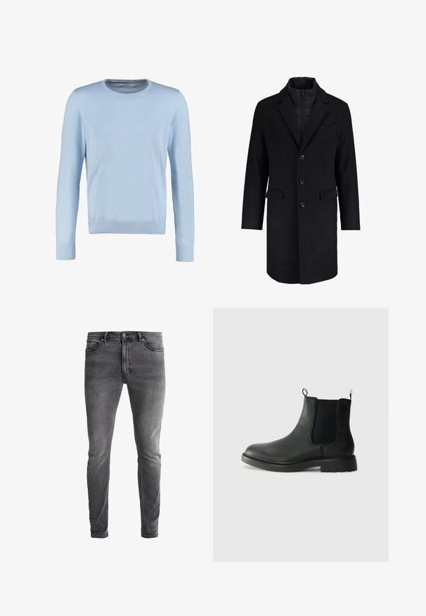 Sort uldblandingsfrakke med en tætsiddende design, udskårne klapper, enkeltknaplukning, to forlommer og en skjult lynlåslinning.; Lyseblå langærmet sweater med rund halsudskæring. Har en glat tekstur og ribbede manchetter og kant. Klassisk, tætsiddende design.; Slanke grå denimjeans med en let stræk. Har fem lommer, lynlås foran og en kontrasterende metalknap. Vasket overflade med falmede effekter.; Sorte læder chelsea støvler med elastiske sidepaneler, trækflapper, rund tå og tekstureret gummisål. Glat overflade og robust design.