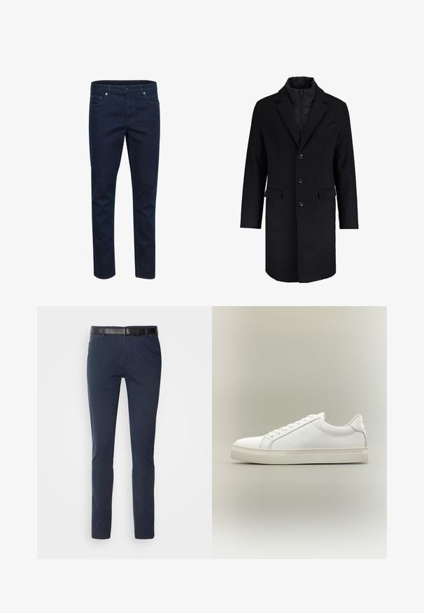 Manteau en mélange de laine noire au design ajusté, avec des revers crantés, une fermeture à boutons simples, deux poches avant et une doublure intérieure zippée cachée.; Jean en denim bleu foncé, coupe slim, cinq poches et fermeture par boutons, présenté sur fond blanc.; Pantalons en coton bleu marine avec une coupe ajustée, dotés d'une ceinture en cuir noir texturé et de poches classiques. Design épuré, sans motifs.; Baskets blanches basses à lacets sur l’avant et semelle épaisse, vues de côté sur un fond neutre.